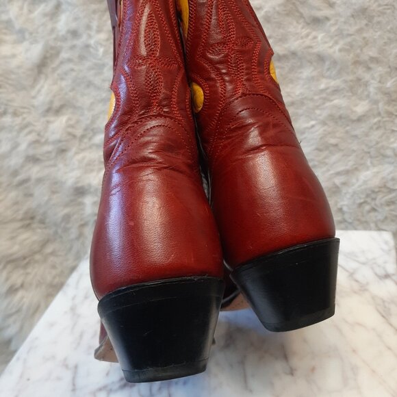Vintage Code West Women’s Burgundy Red and Yellow Leather Cowboy Boots Size 6M - Picture 6 of 10